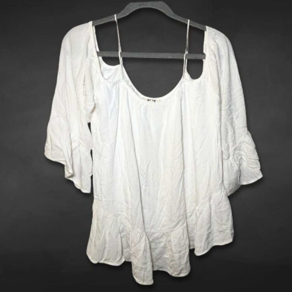 PPLA Cold-Shoulder Boho Blouse Flowy‎ Ruffled Flutter Sleeves White Women's US M